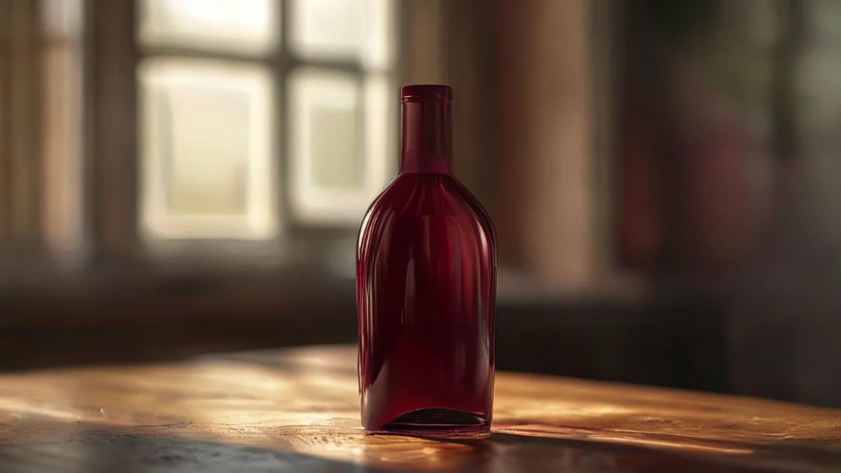A glass bottle with a narrow neck and a wide base, labeled 'Bordeaux' in French.