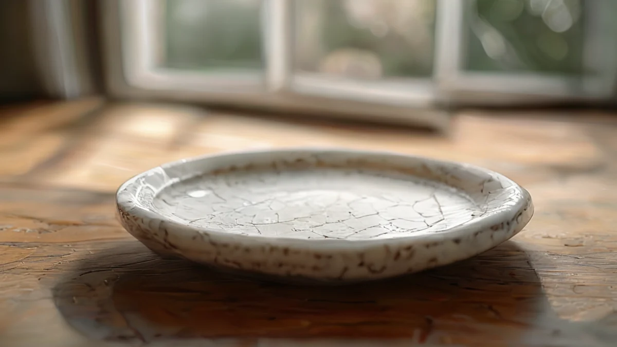 Een keramische plate, wit met rimpelende glas, op een houten tafel, zachte vensterlicht, 50mm lens, zachte scherpte, fotorealistisch, scherp focus, hoge details