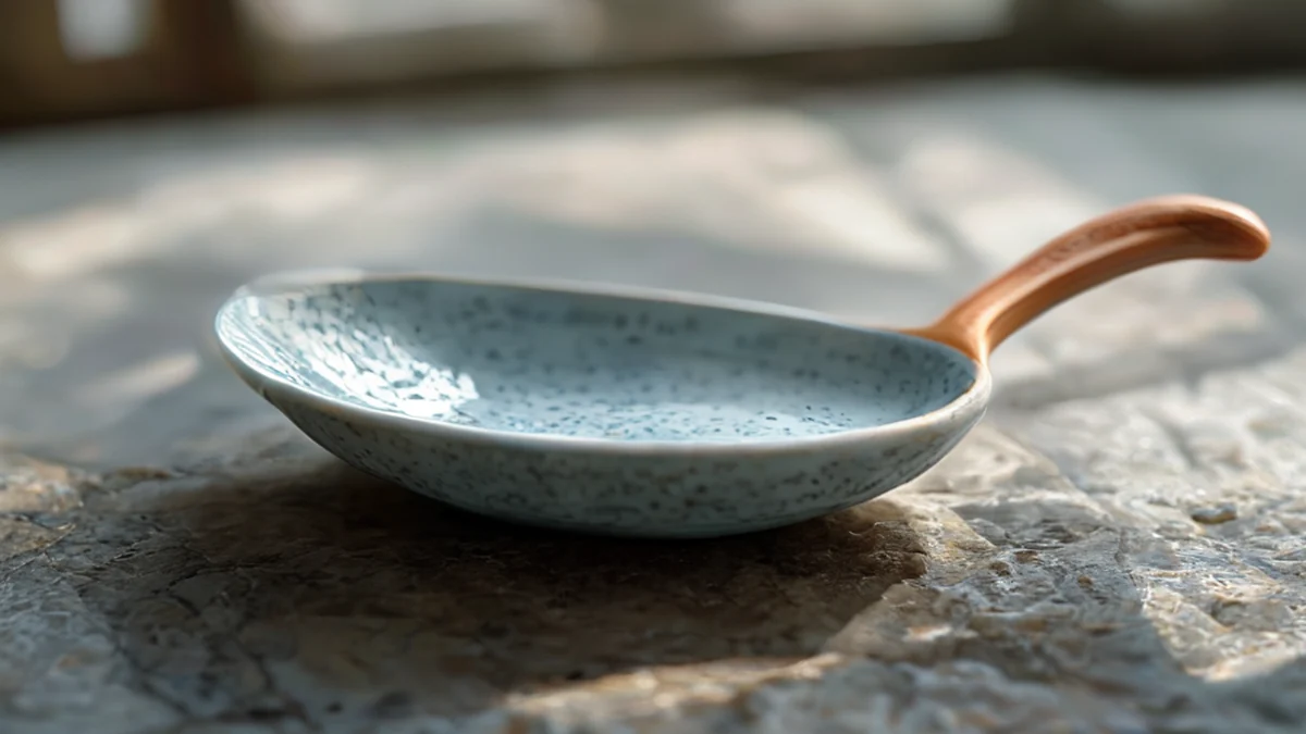 传统阿斯图里亚 spoon，陶瓷手柄，浅蓝色釉，弯曲碗，置于石头上，柔和的窗边光下。