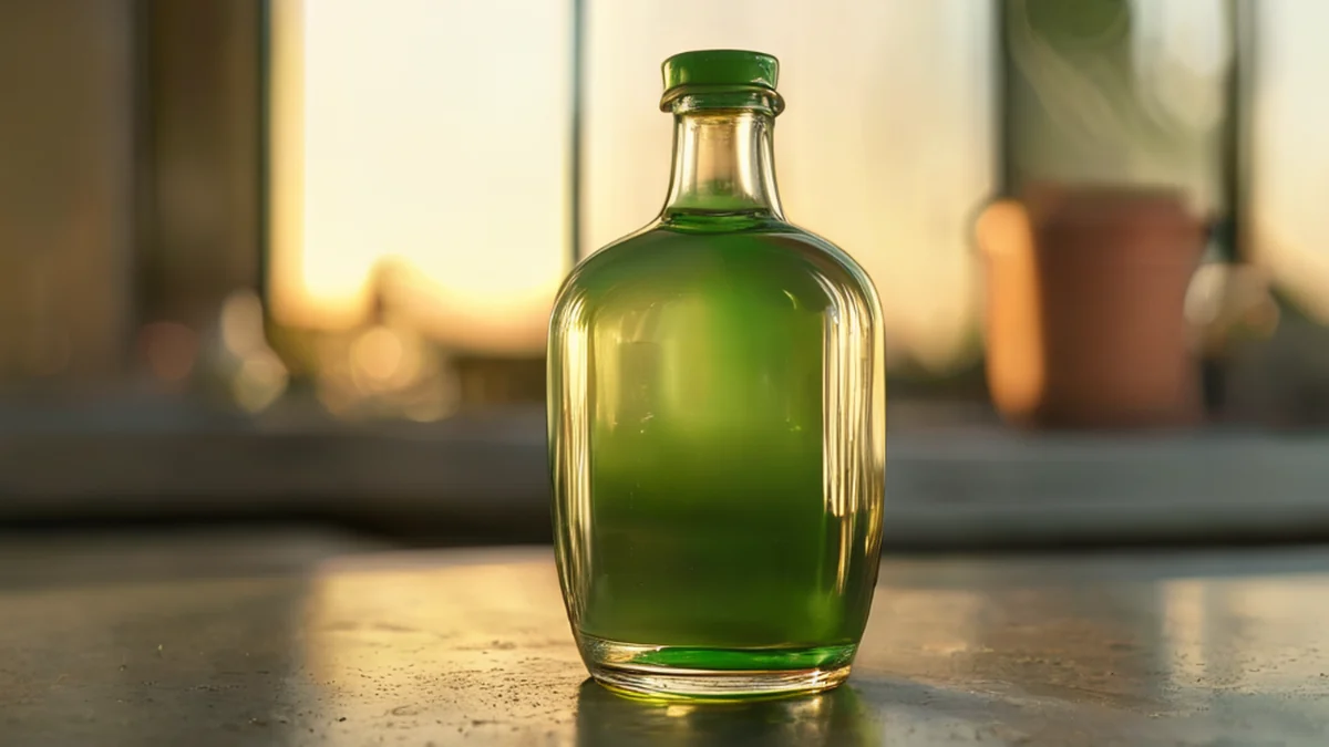 A glass bottle with thick green glass, narrow neck, and smooth surface on a concrete countertop under golden hour light.