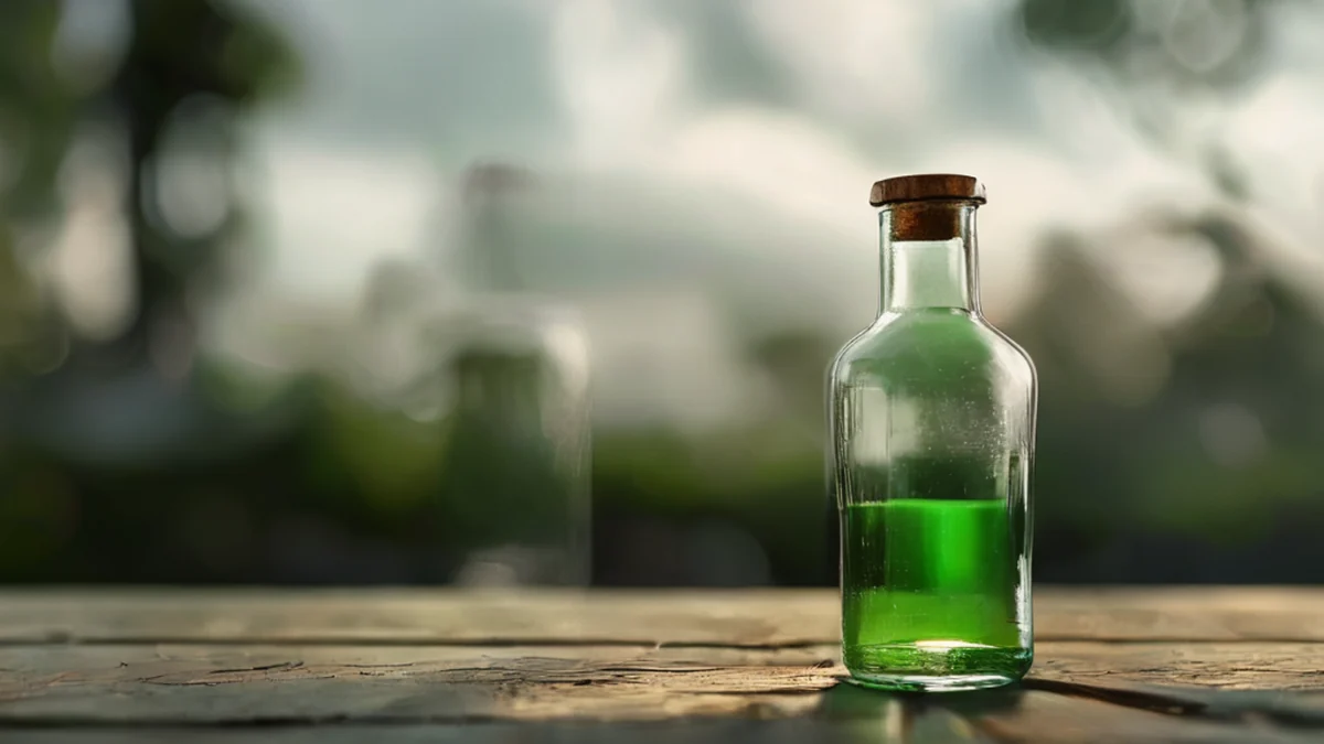Botella de vidrio, forma cilíndrica, etiqueta verde, contiene un líquido transparente.