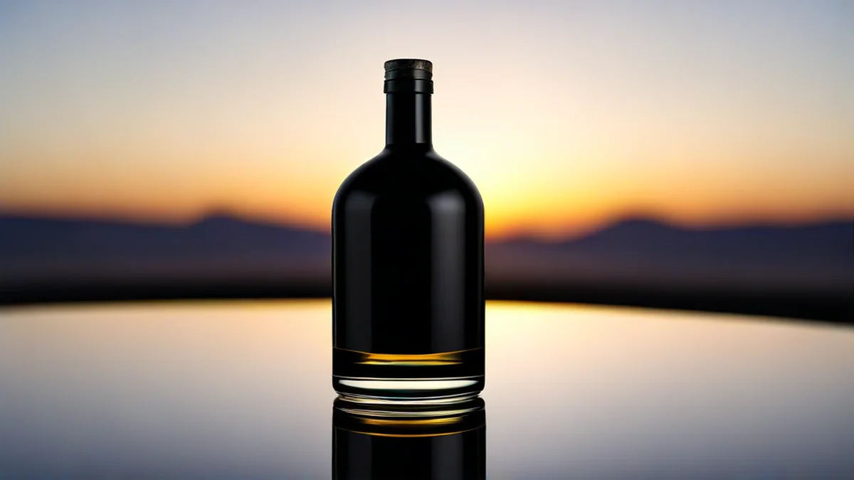 Botella de ginebra oscura, superficie negra brillante, acabado suave, sobre un soporte de acero, luz de la hora dorada, profundidad de campo suave, realismo fotográfico, enfoque afilado, detalles altos
