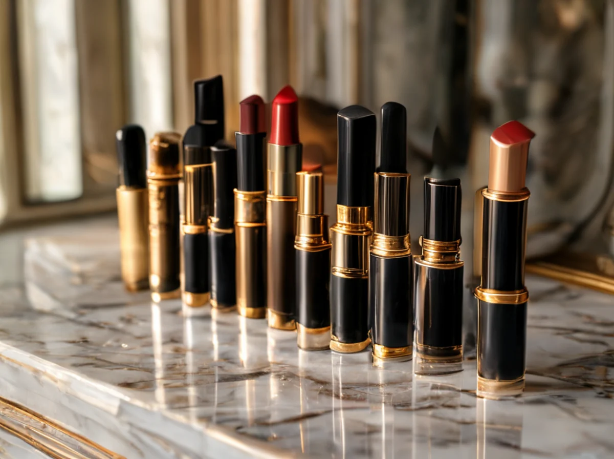 Collection de lèvres luxueuses sur un vanity avec des emballages élégants et des produits de haut niveau.