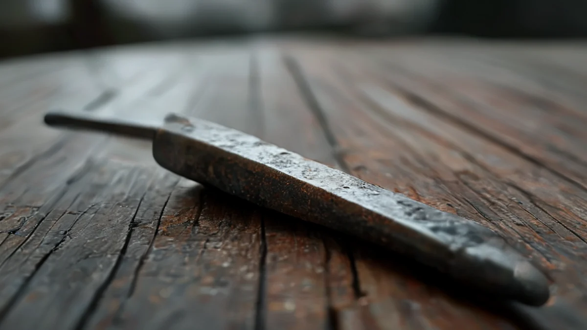 Metaalnaald, puntig, donkergrijs, roestig, op een houten tafel, bewolkt licht, zacht scherping, fotorealistisch, hoge details