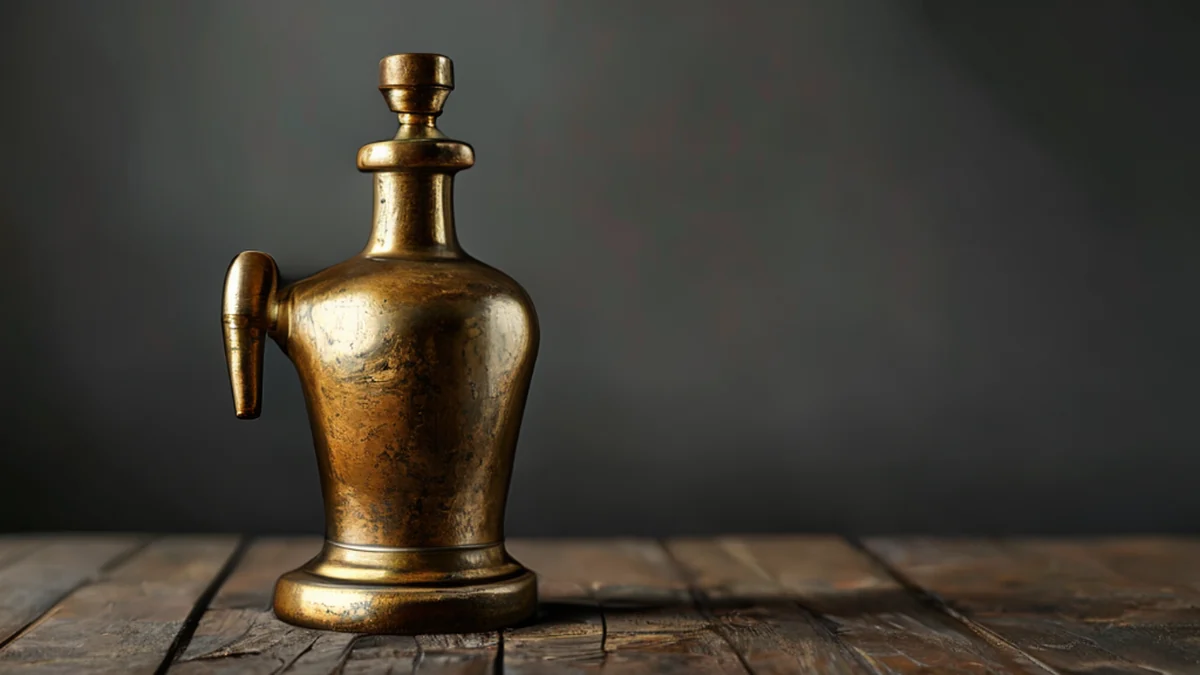 Um gineprosor de cobre, enferrujado e desgastado, sobre uma mesa de madeira, sob uma luz studio softbox limpa, profundidade de campo suave, fotorealista, foco afiado, detalhes altos