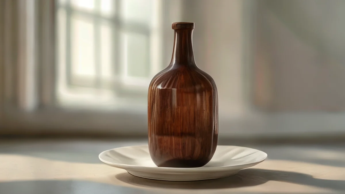 A hand-carved wooden bottle with intricate patterns and natural wood grain.