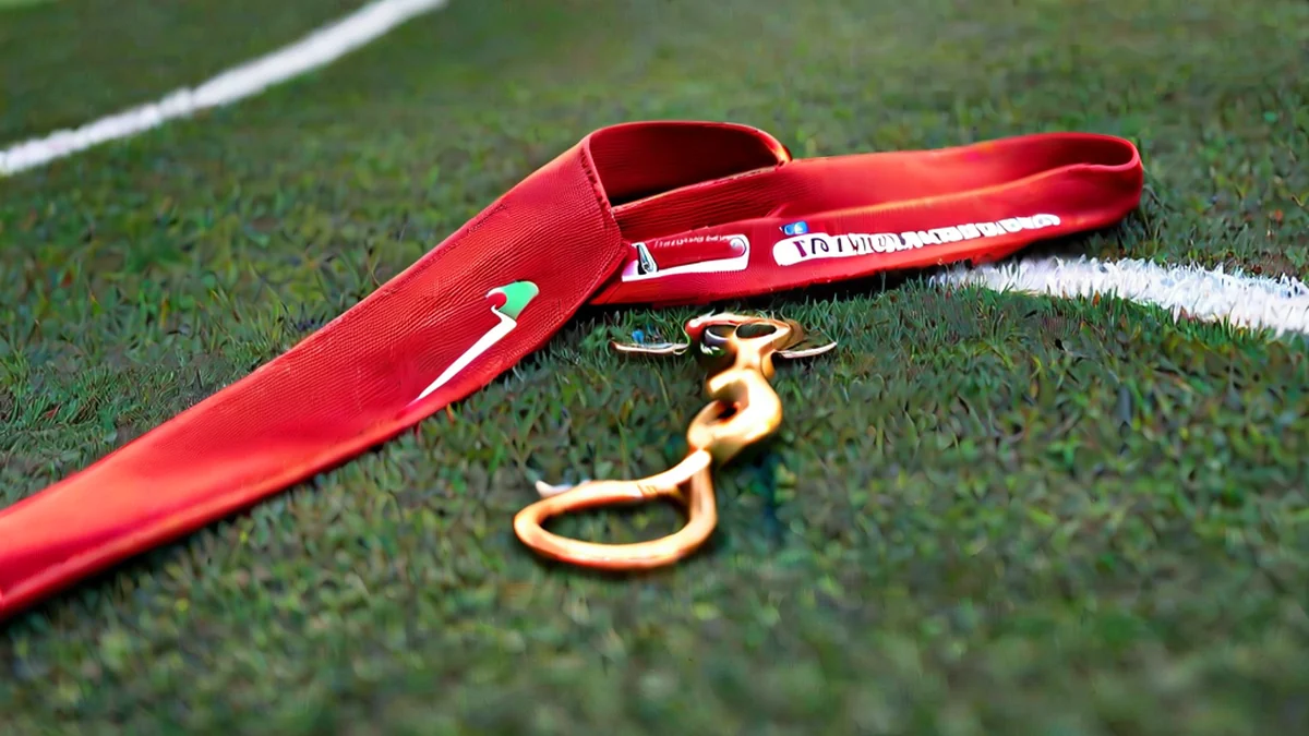 Un lanyard diseñado para un club, con una placa de identidad y un clip de metal.