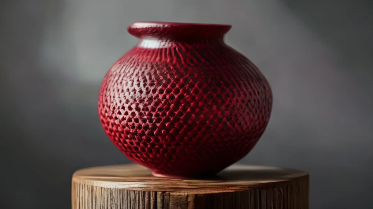 Vase en résine tissée, rouge foncé, surface lisse, sur un pied en bois, lumière d'aftermidday, objectif 35mm, champ de profondeur faible, réalisme photo, détails élevés