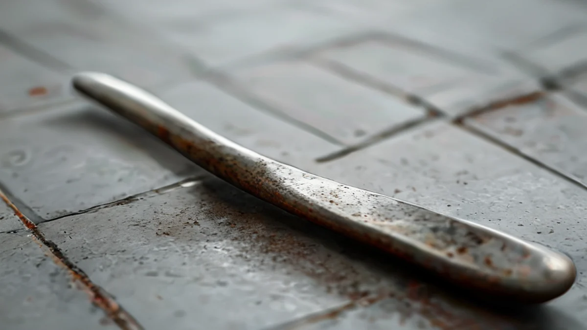 Couteau courbé, acier avec une pointe rouillée, manche courbé, surface gris sombre, reposant sur un carrelage céramique sous un ciel gris, champ de profondeur faible, photoréaliste, focus net, détails élevés