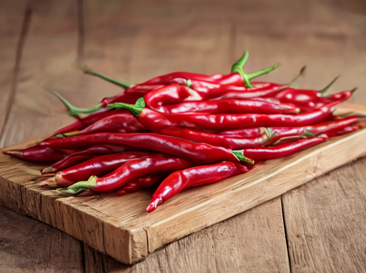 Trockene rote Chilipfeffer auf einem Holztray platziert