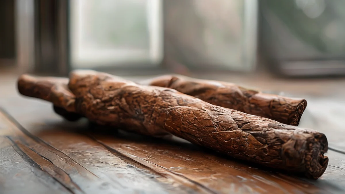 Cauda de rosa, curvada, cor marrom, textura áspera, sobre uma mesa de madeira simples, luz suave da janela, profundidade de campo baixa, realismo fotográfico