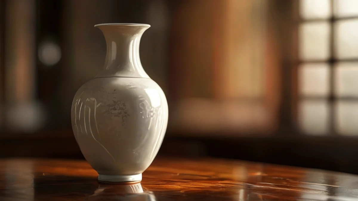 Um vase de porcelana édo branco, alongado e estreito, apoiado em uma mesa lacada sob uma luz quente, campo de profundidade de foco suave, fotorealista, foco neto, detalhes elevados